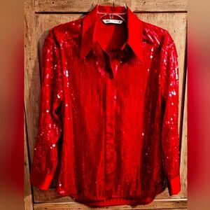 Red sequin, button down, long shirt, satin cuffs & collar. New